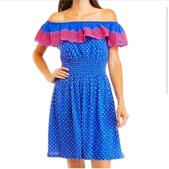 Lilly Pulitzer Kalama Off The Shoulder Dress Blue Lilly Squared Print - Picture 1 of 10